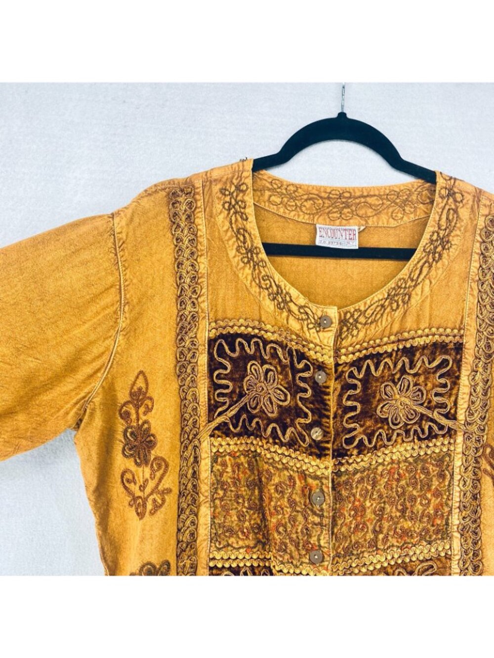 Vintage y2k Top Womens L Orange Floral Embroidered Patchwork Blouse Boho Velvet - Picture 4 of 12